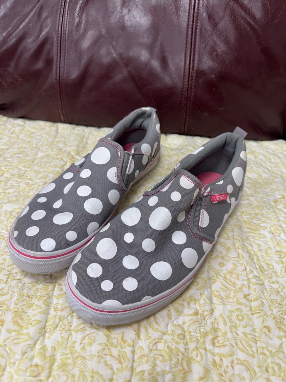 Vans Gray Slip-On Sneakers with White Polka Dots and Pink Trim